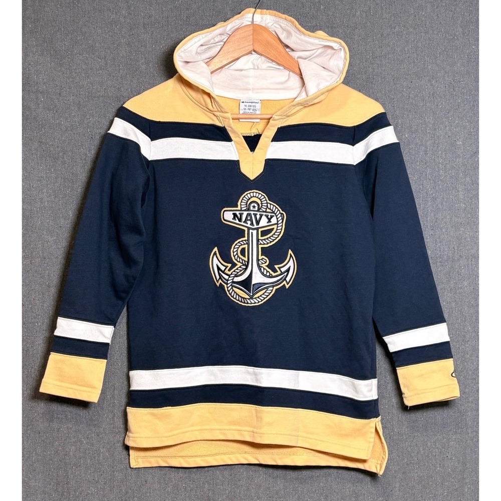 Champion Kids Navy Anchor Hoodie Sweatshirt Navy Yellow Striped Size YL 10-12